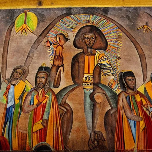 Prompt: a picture of an ancient Ethiopian church painting of the devil, wall mural