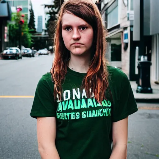 Image similar to iPhone portrait of an 20-something Canadian dressed in, light brown hair, green eyes, wearing a vintage black tshirt and jeans, pony tail, girl next door innocent look, on a sidewalk of Vancouver