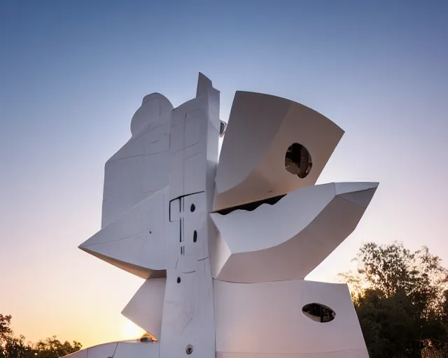 Image similar to photo of white minimalist abstract cubist sculpture of curvy spaceship with random small mecha mayan decorations, covered with few large white airplane parts with windows and doors, used as a house, gigantic size, sunset lighting