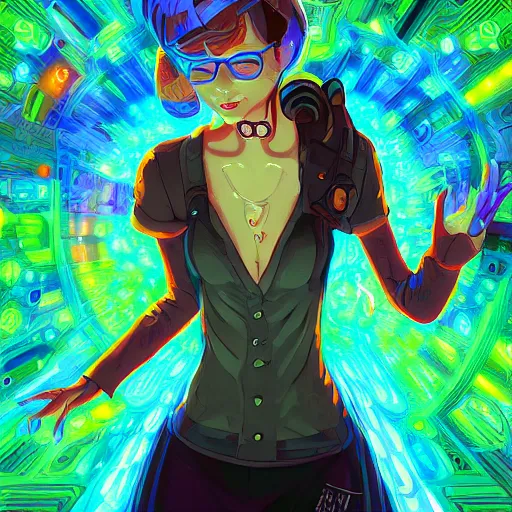 Image similar to skill magic geek inside matrix deepdream radiating a glowing aura stuff loot legends stylized digital illustration video game icon artstation lois van baarle, ilya kuvshinov, rossdraws,