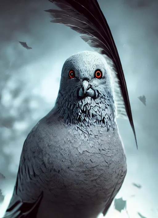 Image similar to A fantasy comic book style portrait painting of a gray pigeon with white eyes as a warrior in a atmospheric dark nest made of cannabis, unreal 5, DAZ, hyperrealistic, octane render, RPG portrait, ambient light, dynamic lighting