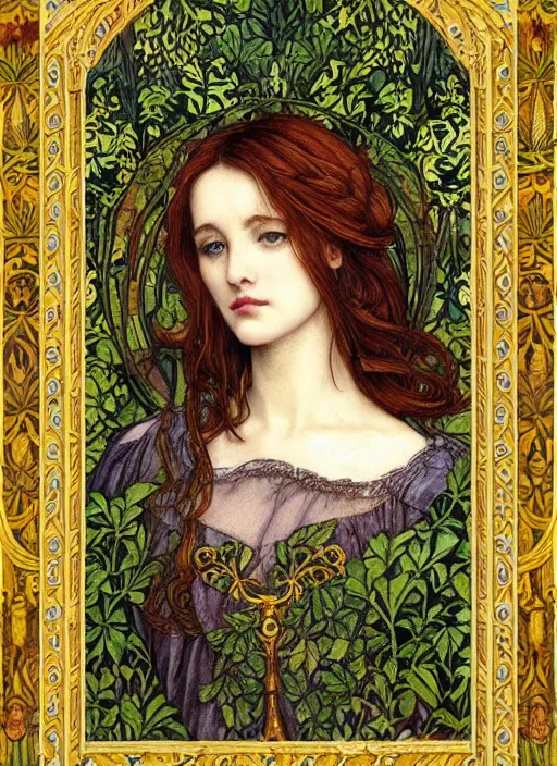 Image similar to masterpiece beautiful seductive flowing curves preraphaelite face portrait photography, ophelia extreme close up shot, straight bangs, thick set features, yellow ochre ornate medieval dress, amongst foliage mushroom forest circle arch, william morris and kilian eng and mucha, framed, 4 k