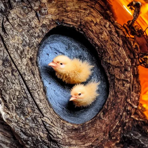 Prompt: a baby chick fossilized in an amber rock on a tree branch, close up, dslr photo