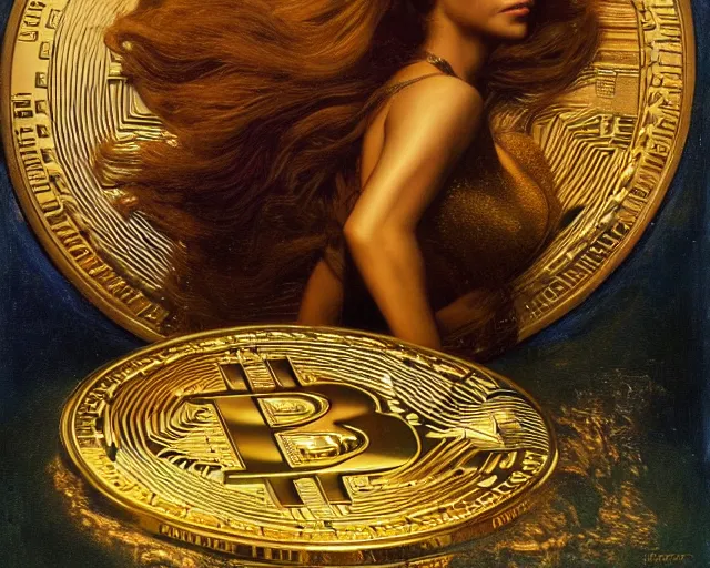 Image similar to attractive woman posing in front of a huge golden bitcoin, commercial by annie liebovitz, gaston bussiere, craig mullins, j. c. leyendecker