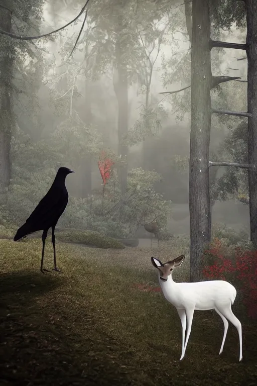 Image similar to a deer wearing a white formal coat conversing with a crow wearing a red formal coat, hyperrealistic, concept art, octane render, unreal engine 5, trending on DeviantArt, highly detailed, high quality, 8K, soft lighting, cute, natural lighting, realistic face, trending on Artstation, elegant clothes, profile picture, path traced, house background