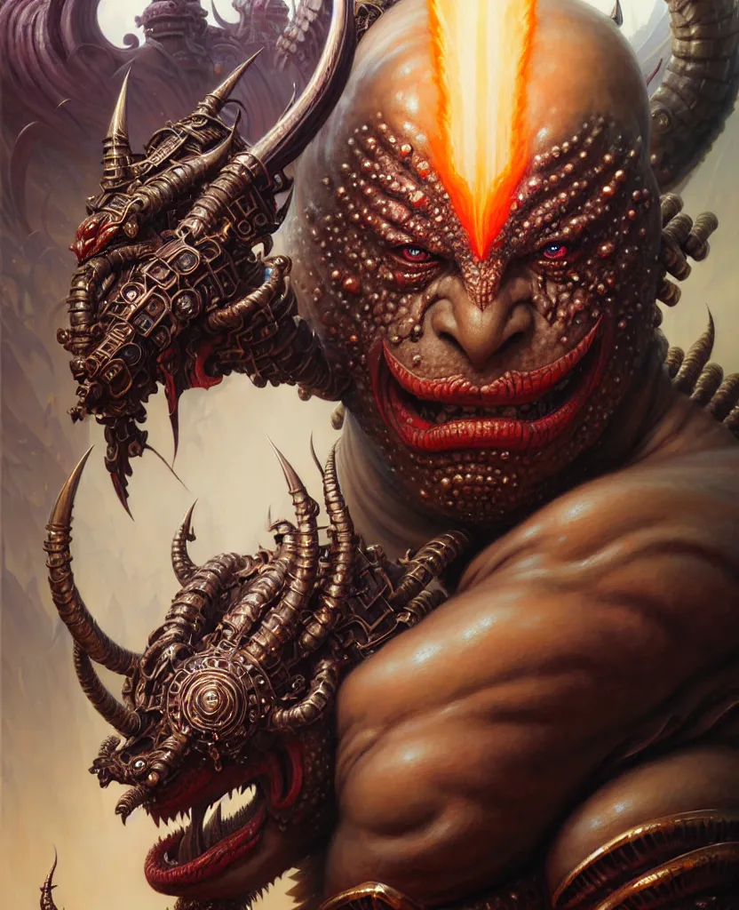 Image similar to beautiful ferocious brutal ravana fantasy character portrait, close - up, headshot, ultra realistic, intricate details, the fifth element artifacts, highly detailed by peter mohrbacher, hajime sorayama, wayne barlowe, boris vallejo, aaron horkey, gaston bussiere, craig mullins