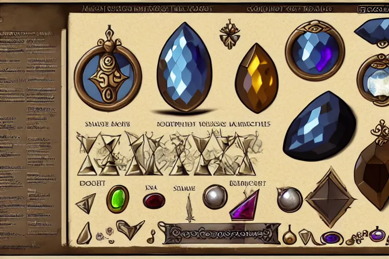 Prompt: design sheet of various alchemist tools, magic gems, props