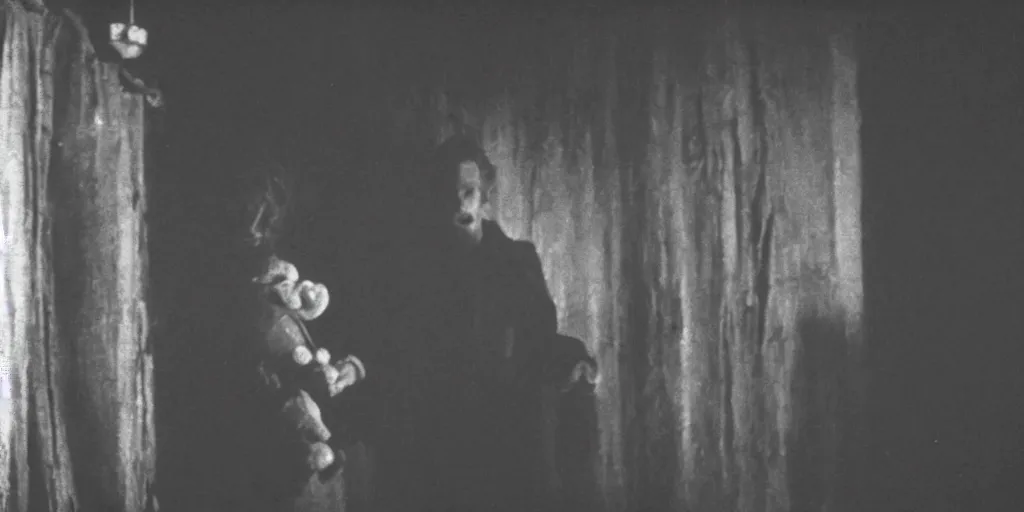 Prompt: film still of a horrid vampiric tall man hiding in a barnyard and clutching a doll, horror movie, eerie, creepy, grainy, dark, amazing lighting, great cinematography