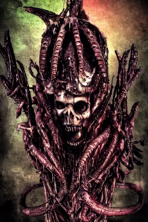 Prompt: skull - voodoo as xenomorph queen, psycho stupid fuck it insane, looks like death but cant seem to confirm, cinematic lighting, decaying acid bleeding colors! various refining methods, micro macro autofocus, ultra definition, award winning photo, to hell with you, later confirm hyperrealism, devianart craze, photograph picture taken by gammell - giger