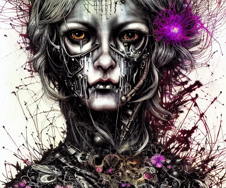 Image similar to gothic mute hybrid cyborg warrior girl, cybor clothes shaping the universe, freedom fighter, eerie, cinematic, epic, 8 k, ultra realistic, rendered by awesomeness. | a psychedelic apocalypse, illustration by albrecht durer, concept art in style of carne griffiths artwork by xsullo. | backround of beautiful floweres floatingby elson, peter kemp, peter