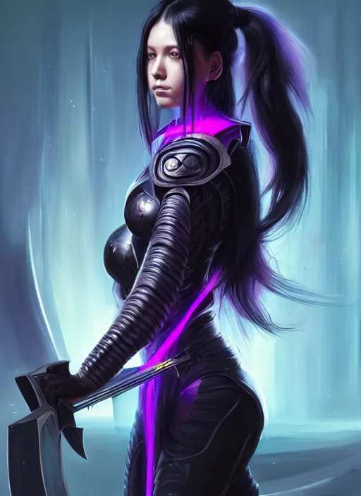 Image similar to portrait of a woman with long black hair in a ponytail, in sci - fi armor, platemail, close fitting, holding a katana made of purple energy, intricate, elegant, glowing lights, highly detailed, digital painting, artstation, concept art, smooth, sharp focus, illustration, art by wlop, mars ravelo and greg rutkowski