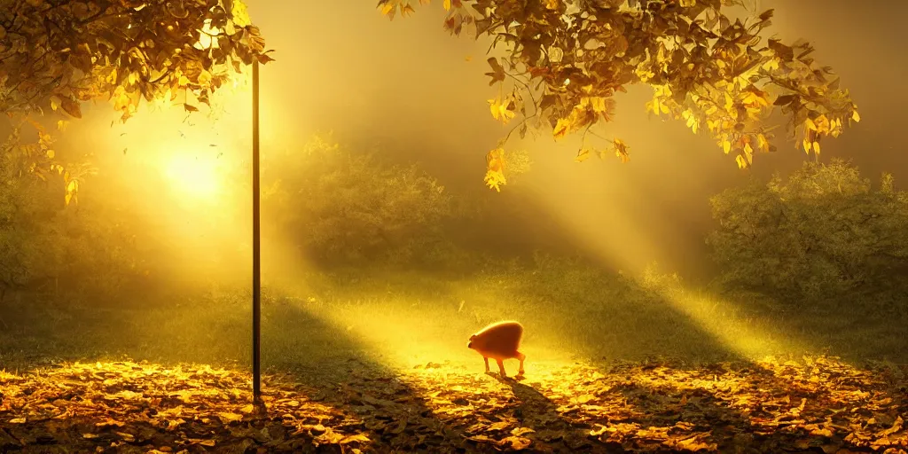 Prompt: A yellow baby rabbit, temple, sunset with falling leaves, Tyndall rays, low angle, light through the mist, dramatic lighting, photorealistic, cinematic lighting, high detail, cinematic feel, high octane, 4K, Unreal Engine, digital render, intricate, ultra realistic, concept art