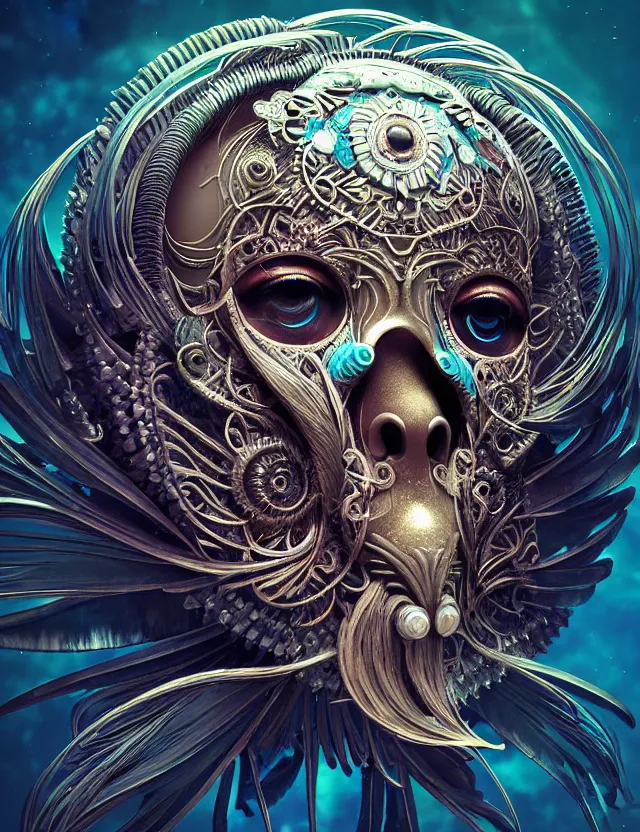 Image similar to eye of goddess macro close - up portrait with mask made of ram phoenix skull. betta fish, jellyfish, plasma, water, wind, creature, super intricate ornaments artwork by tooth wu and wlop and beeple and greg rutkowski