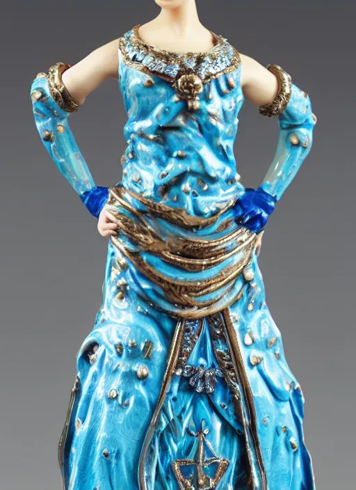 Image similar to 80mm, resin detailed model figure of a female wearing a blue baroque dress with glod ornaments