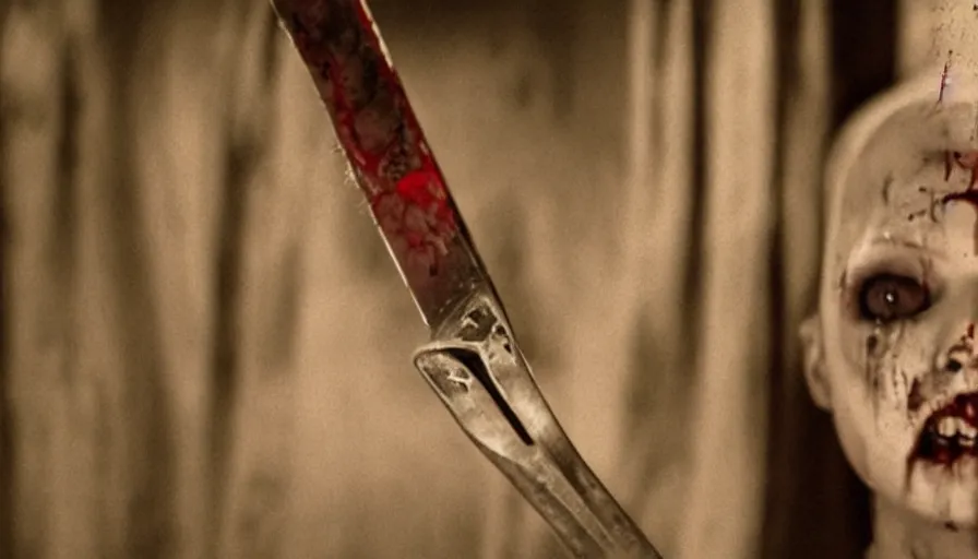 Image similar to big budget horror movie about an evil killer doll holding a bloody straight razor