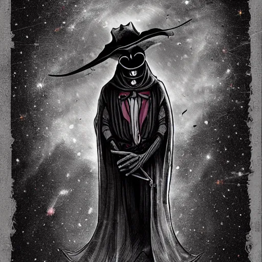Prompt: a portrait of a plague doctor gunslinger in the abyss of deep space photorealistic, detailed photography, divinity, awful, cosmic horror, religious art