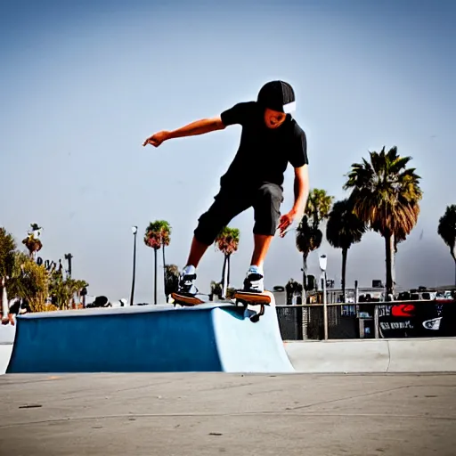 Image similar to skater wearing nike sb dunks doing a kickflip at the venice beach skatepark