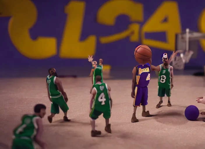 Image similar to cinematic screenshot of a stop motion claymation film about a wacky adventure starring kobe bryant, shallow depth of field, 1 8 mm, f 1. 8