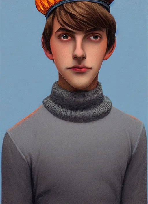 Image similar to portrait of teenage jughead jones wearing a light grey crown, crown, light grey crown, blue turtleneck, 1 9 5 0 s, closed eyes, intricate, peach and orange lighting, elegant, glowing lights, highly detailed, digital painting, artstation, concept art, smooth, sharp focus, illustration, art by wlop, mars ravelo and greg rutkowski