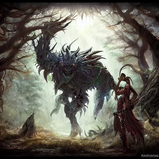 Image similar to final fantasy beast in the woods, highly detailed, digital art, sharp focus, trending on art station, warhammer fantasy,