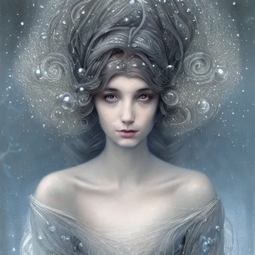 Prompt: Beautiful Delicate Detailed full head portrait of snow woman, With Magical grey eyes by Tom Bagshaw, Bastien Lecouffe Deharme, Erik Johansson, Amanda Sage, Alex Grey, Alphonse Mucha, Harry Clarke, Josephine Wall and Pino Daeni, Delicate winter frozen creature With long white windy Hair and Magical Sparkling Eyes, Magic Particles; Magic Swirls, in a oit of this world magical frozen landscape, 4K; 64 megapixels; 8K resolution concept art; detailed painting; digital illustration; hyperrealism; trending on Artstation; Unreal Engine Photorealistic, lifelike, Unreal Engine, sharp, sharpness, detailed, 8K