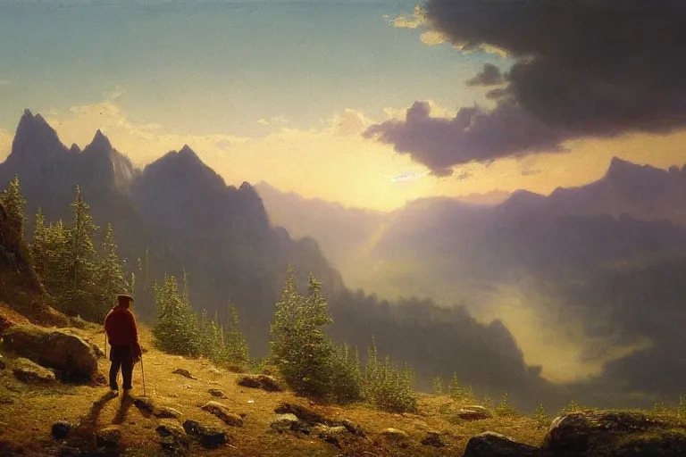 Prompt: a traveler wandering trough the mountains looking at the clouds, very detailed, focused, oil painting, cinematic lighting, albert bierstadt, trending on artstation, colorful, canvas, sunset, hans dahl, theodor kittelsen, hermann hendrich, national geographic, Konstantin Yakovlevich Kryzhitsky