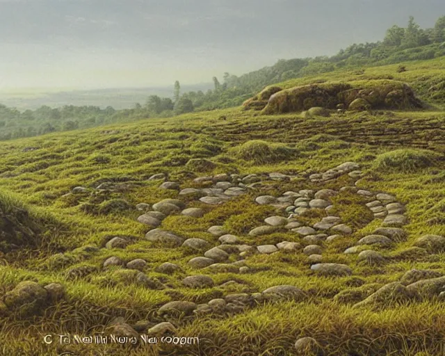 Prompt: a swampy hill landscape with a circle of finger shaped stones, by ted nasmith