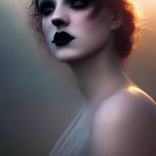 Image similar to photographic portrait of a stunningly beautiful goth renaissance female in soft dreamy light at sunset, smoke fog dust, god rays contemporary fashion shoot, by edward robert hughes, annie leibovitz and steve mccurry, david lazar, jimmy nelsson, breathtaking, 8 k resolution, extremely detailed, beautiful, establishing shot, artistic, hyperrealistic, beautiful face, octane render