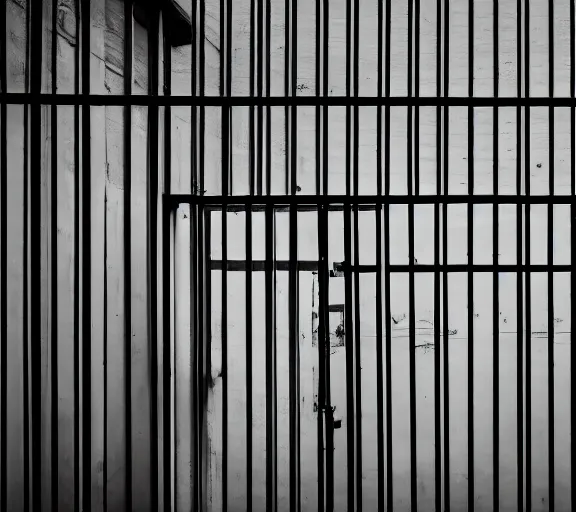 Image similar to Joachim Brohm photo of 'gigachad laughing behind jail bars', high contrast, high exposure photo, monochrome, DLSR