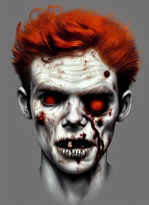 Image similar to portrait of zombie teenage archie andrews, red hair, curly hair, curly middle part, freckles, photorealistic, zombie, rotting skin, blind eyes, white eyes, zombie, intricate, elegant, orange, glowing lights, highly detailed, digital painting, artstation, concept art, sharp focus, illustration, art by wlop, mars ravelo and greg rutkowski