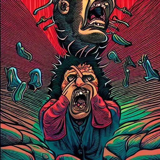 Image similar to crazy man going crazy screaming, illustrated by Dan Mumford