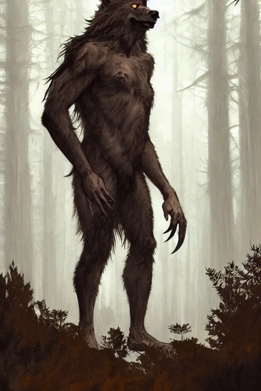 Image similar to fullbody portrait of a male werewolf, bared teeth, long claws, by greg rutkowski and alphonse mucha, gradient brown to silver, in front of a forest at night background, highly detailed, digital painting, artstation, concept art, smooth, sharp focus illustration