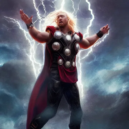 Image similar to thor going supersayain in a thunderstorm, au naturel, hyper detailed, digital art, trending in artstation, cinematic lighting, studio quality, smooth render, unreal engine 5 rendered, octane rendered, art style by klimt and nixeu and ian sprigger and wlop and krenz cushart