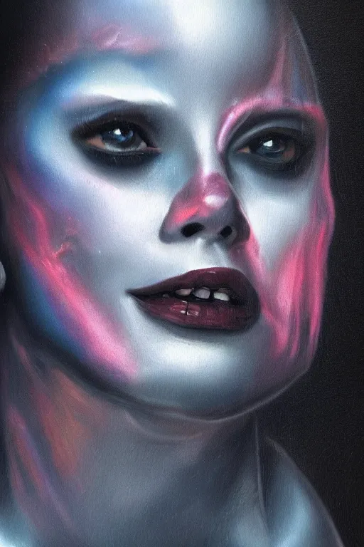 Image similar to hyperrealism oil painting, close - up portrait of european medieval brunette vampire fashion model, knight, steel gradient mixed with nebula sky, in style of baroque