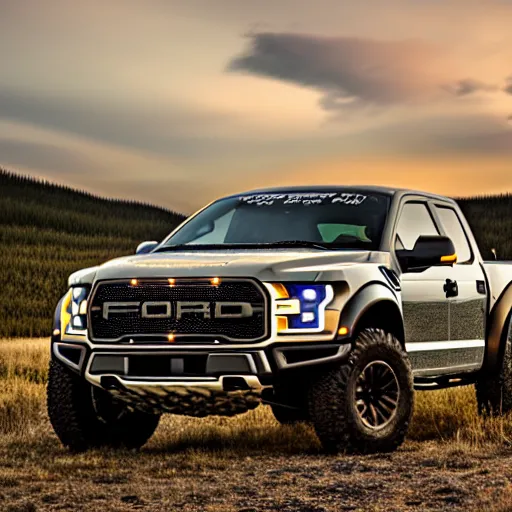 Image similar to a highly detailed photo of a ford raptor in alberta canada at sundown, 4 k high - resolution photograph, ultra detail, hd photo