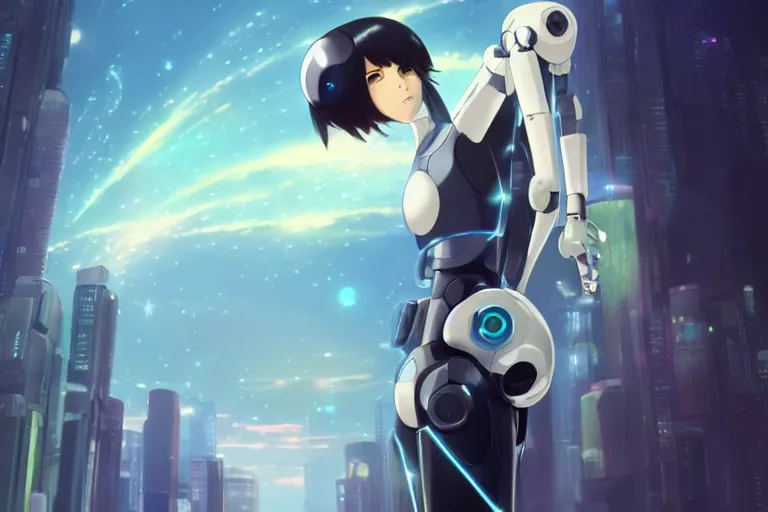 Prompt: makoto shinkai. robotic android girl. futuristic cyberpunk. dystopia. vibrant nebula sky. full robotic andorid body. android body.