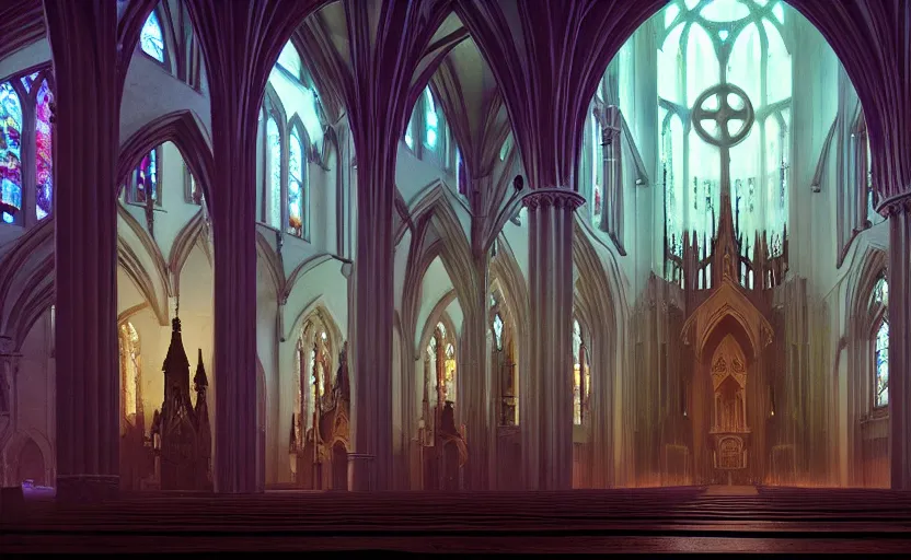 Image similar to Interior shot of a Gothic church by Petros Afshar and Beeple, James Gilleard, Mark Ryden, Wolfgang Lettl highly detailed