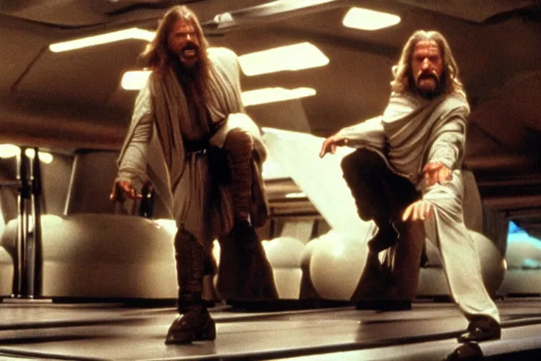 Image similar to A movie shot from Star Wars, The Dude from The Big Lebowski using the force on bowling balls making them levitate above the ground, on Degobah