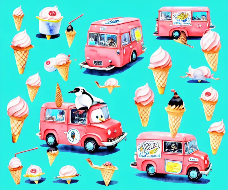 Image similar to cute and funny, penguin riding in a tiny ice cream truck with an oversized engine, ratfink style by ed roth, centered award winning watercolor pen illustration, isometric illustration by chihiro iwasaki, edited by range murata, tiny details by artgerm and watercolor girl, symmetrically isometrically centered, sharply focused