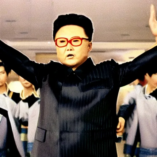 Prompt: A movie still of Kim Jong Il wearing a disco suit in Satuday Night Fever
