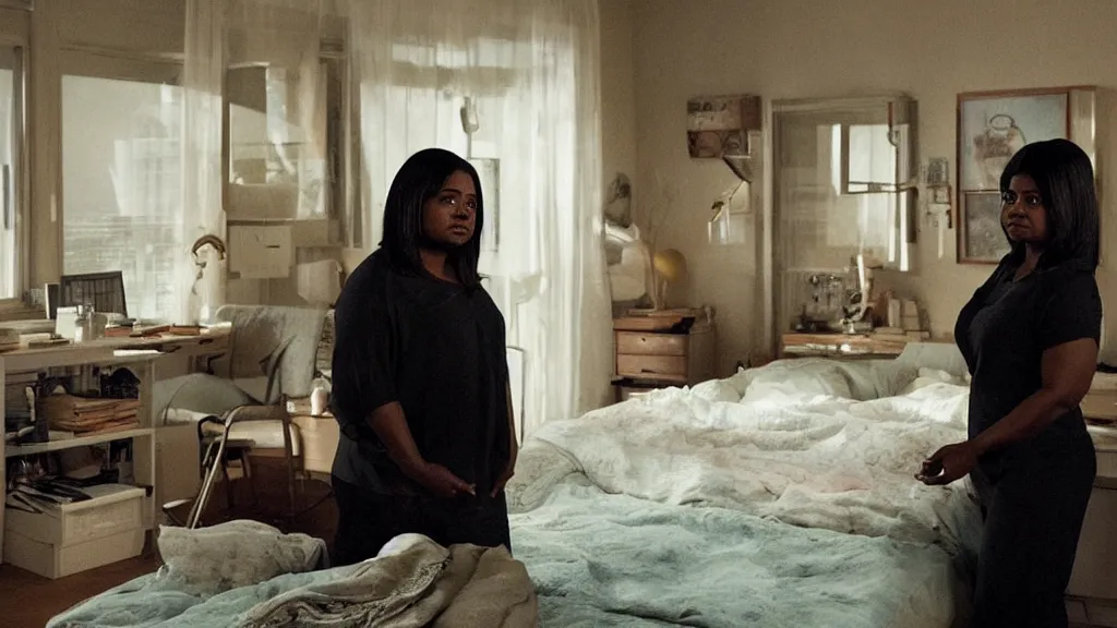 Image similar to Octavia Spencer alone in her studio apartment, moody, sad scene from the movie Pt Anderson, she takes to her friend in a virtual world, art house, award winning film, 3D rendered lighting, stunning cinematography by Hoyte van Hoytema