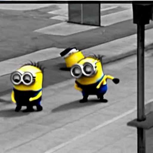 Prompt: Minions robbing a bank, caught on CCTV