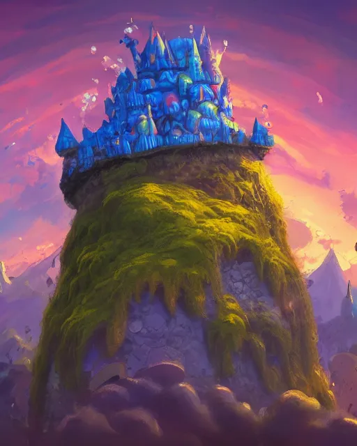 Image similar to flying cloud castle, mushroom buildings, illustration, bright, blue sky, mountains, colorful, cinematic lighting, fantasy, high detail, masterpiece, artstation, 4 k, art by wylie beckert