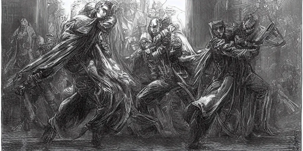 Prompt: A cyberpunk scene from the Matrix as drawn by Gustave Doré with Neo fighting a thousand agents Smith in bullet time