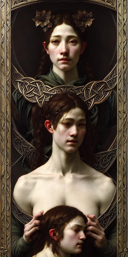 Image similar to masterpiece veracious pertinence salve Reginae, masterpiece by Edgar Maxence and Ross Tran and Michael Whelan and Caravaggio artistic, intricate drawing, realistic fantasy, extremely detailed and beautiful aesthetic celtic face, establishing shot, 8k resolution, dramatic lighting,