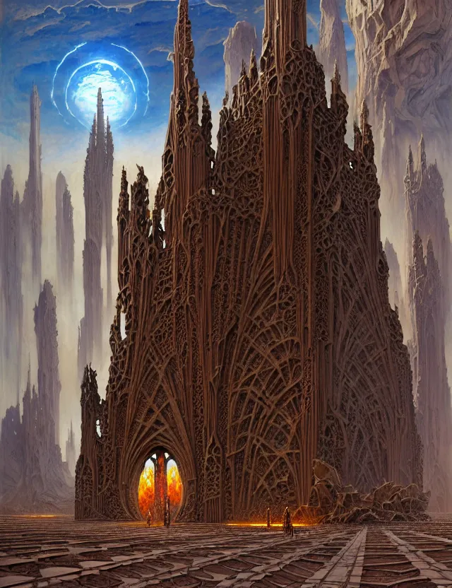 Image similar to giant immense crematorium advanced technology sci - fi architectural structure on desert planet, gothic architecture fantasy, d & d, intricate, painting by lucian freud and mark brooks, bruce pennington sakimi chan, fantasy armor, detailed face, dynamic lighting, tony sart