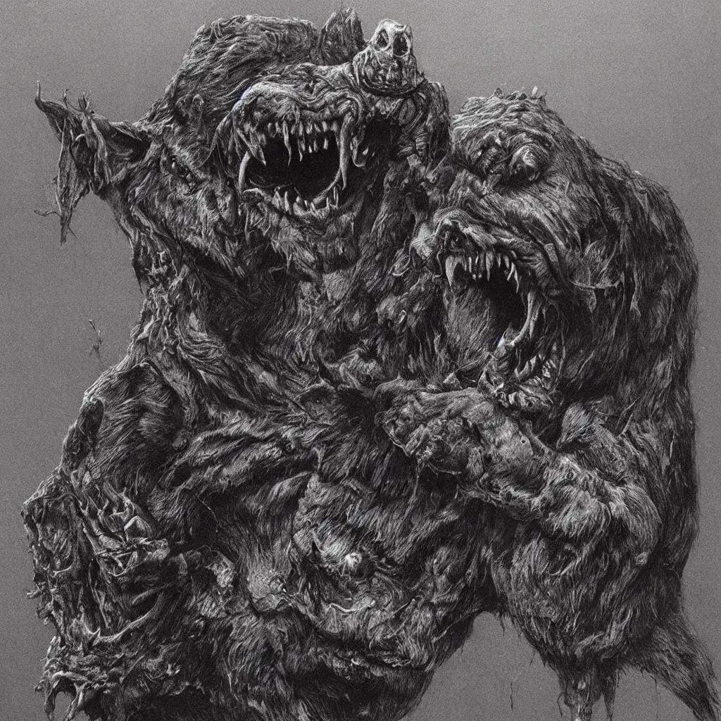 Image similar to horrifying and demonic dog with fangs, in the style of zdislaw beksinski