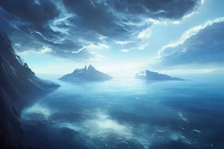 Prompt: a mountain floats upside down in the blue ocean from underwater cinematic fantasy painting by jessica rossier