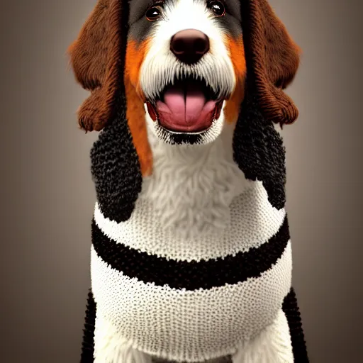 Image similar to a closeup photorealistic photograph of a cute smiling knitted bernedoodle judge dog dressed in a black gown, presiding over the courthouse. indoors, professional capture, well lit shot. this 4 k hd image is trending on artstation, featured on behance, well - rendered, extra crisp, features intricate detail, epic composition and the style of unreal engine.