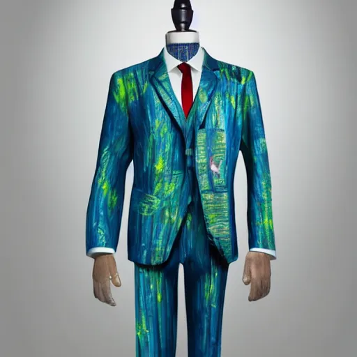 Prompt: a beautiful suit made out of a van gogh painting, on a mannequin. studio lighting, high quality, high resolution